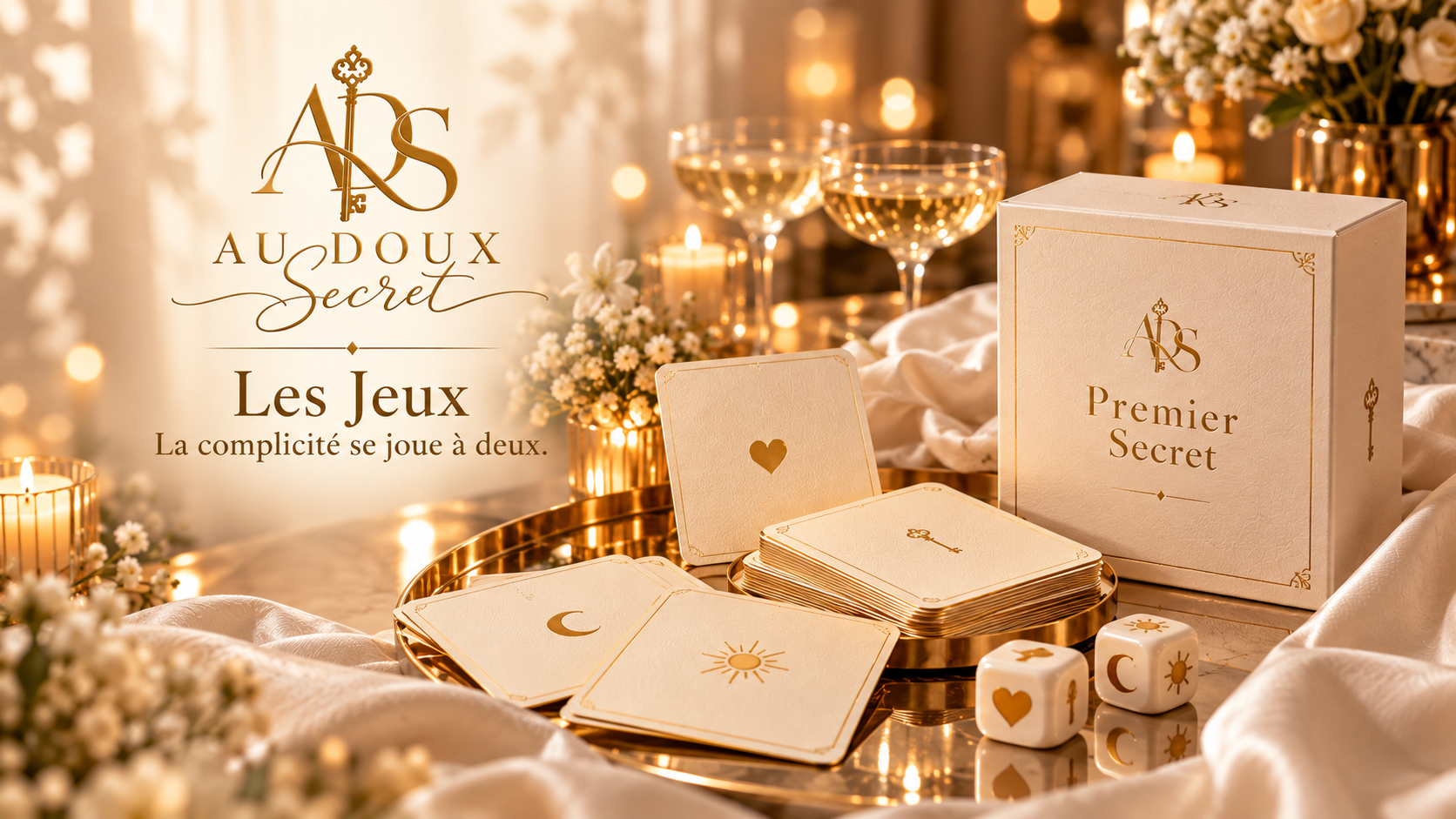 Les Jeux Au Doux Secret — coffret Premier Secret, cartes et dés ivoire et or